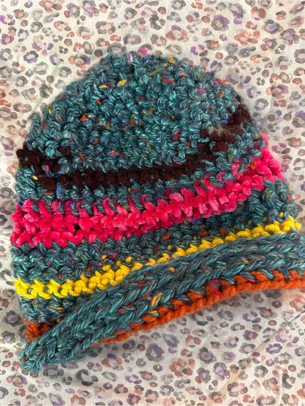 Hand-Knit Kids Beanie in Teal with Pink, Orange & Yellow Accents